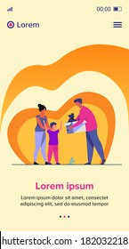 Happy family with child adopting pet. Father giving box with puppy dog to his son. Vector illustration for animal care, adoption, charity concept