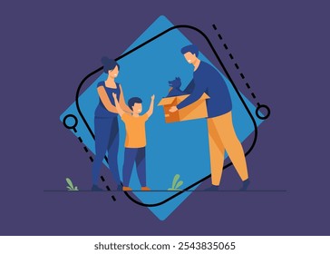 Happy family with child adopting pet. Father giving box with puppy dog to his son. Vector illustration for animal care, adoption, charity concept