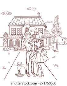Happy family with a child in the background of your own home Vector illustration.