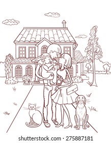 Happy family with a child in the background of your own home Vector illustration.