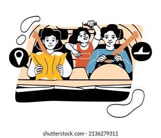 Happy family with child concept. Mother, father and daughter traveling by car on trip or on hike. Spending time together or having fun with children. Cartoon flat vector illustration in line art style