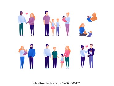 Happy family with child concept. Vector flat person illustration set. Collection of people of different nationality and age. Mother and father with baby. Design element for banner, poster. background.