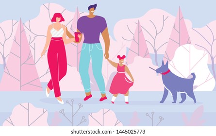 Happy Family with Child and Dog Walking in Forest. Multiracial Couple Hugging and Holding Daughter Hand. Mother Carrying Takeaway Cup. Puppy Bringing Stick. Vector Flat Illustration. Cartoon Nature