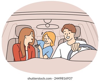 Happy family with child driving in car together. Smiling parents with kid have fun enjoy road trip in automobile. Adventure and journey. Vector illustration.