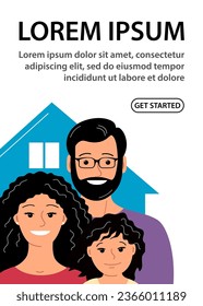 Happy family with a child. Father, mother and little daughter. Happy face. Family house concept. Flat vector illustration people isolated on white background. Design for banner, website