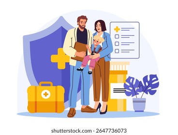 Happy family with child, medical staff and healthcare icons in flat cartoon style, standing on abstract background. Concept of insurance and health protection. Vector illustration