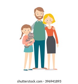 Happy family with child and pet. Mother, father, daugther, cat. Cartoon vector hand drawn eps 10 illustration isolated on white background.