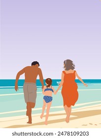 Glückliche Familie mit Kind, das am Strand im Sommer läuft. Sonnenbraun gebräunte Touristen, die ihren Urlaub genießen. Farbige flache Cartoon-Vektorillustration von Eltern und Mädchen isoliert auf weißem Hintergrund