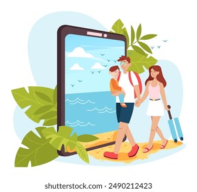 Happy family with child walk to vacation through phone screen. Modern vector concept of traveling, booking online, planning a summer vacation. Tourism Woman and Man with suitcase. Vector Illustration.