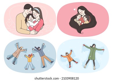 Happy family and childhood concept. Set of young happy families with children enjoying time together hugging lying on snow and playing as stars together vector illustration 