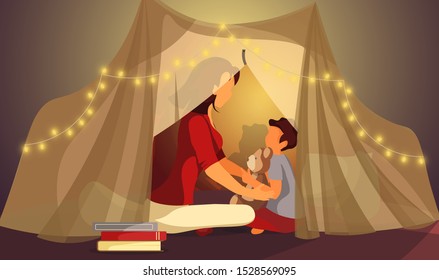 Happy family, Childhood, Motherhood, Parenthood, Cozy concept. Mother and child are sitting in a tent. Vector illustration for poster, banner, cover, postcard, card.