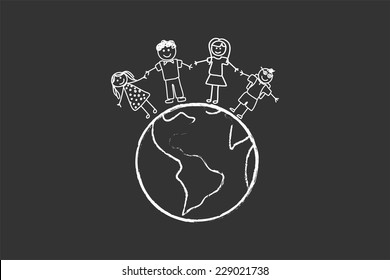 Happy Family With Children Around The World Drawing On Blackboard