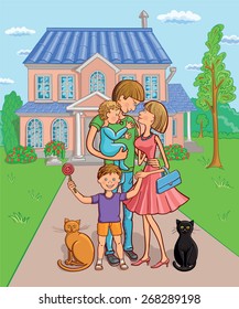 Happy family with a children in the background of your own home. Vector illustration. Married couple with a children and pets in front of the house on the green lawn