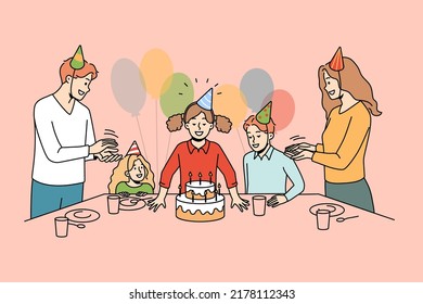 Happy Family With Children Celebrate Birthday Blowing Candles On Cake. Excited Kid With Parents Have Fun On Anniversary Celebration. Vector Illustration. 