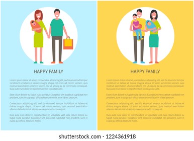 Happy family and children, close relatives walk together, cartoon style vector poster. Parents mother and father, son, daughter and dog pet isolated