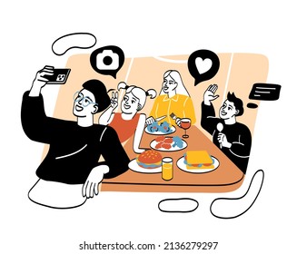 Happy family with children concept. Mother, father, daughter and son sitting at festive table and taking photo for memory. Family eat delicious food. Cartoon flat vector illustration in line art style