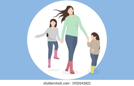 Happy family, children concept. Young happy mother and daughters, cartoon characters jumping and having fun happiness