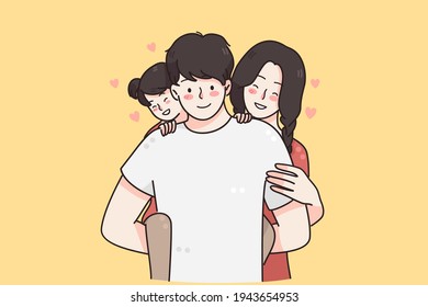 Happy family with children concept. Young smiling parents mother and father family standing with small daughter behind feeling love and happiness vector illustration 