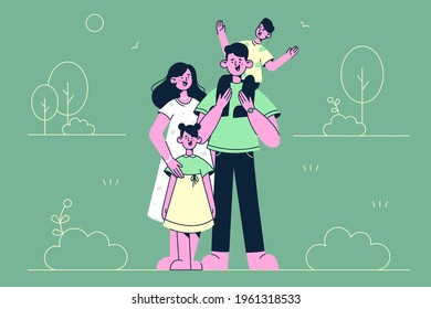 Happy family with children concept. Young smiling parents mother and father standing with two kids and looking at camera all together vector illustration 