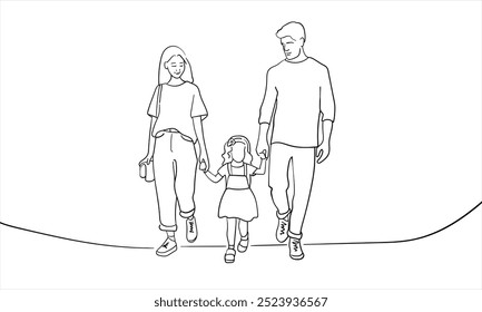 Happy family with children continuous line art drawing isolated on white background. Mothers Day. Vector illustration	