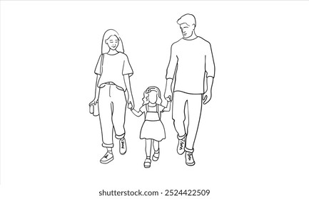 Happy family with children continuous line art drawing isolated on white background. Mothers Day. Vector illustration	