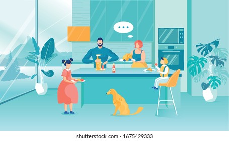 Happy Family with Children Cooking on Home Kitchen. Father Make Juice on Juicer. Mother Prepare Turkey. Son Eat Apple and Croissant. Daughter Taste French Fries, Meat Steaks. Dog Wait for Treat