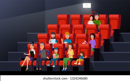 Feliz familia con hijos y pareja viendo la película 3d cómodamente ilustración vectorial. Los espectadores sentados en una silla con palomitas de maíz y disfrutando de la película en un palacio de fotos. Interior del teatro