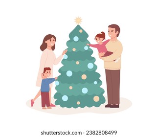 Happy family with children is decorating Christmas tree. Dad mom son and daughter are preparing for traditional celebration at home. Parents and kids on winter holidays together. Flat vector