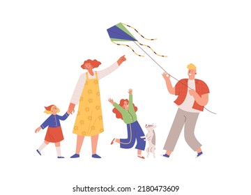 Happy family with children and dog launches kite flat style, vector illustration isolated on white background. Parents and kids having fun together, leisure