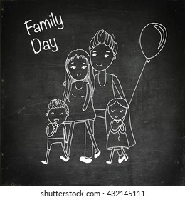 Happy family with children. Doodle characters. Hand drawn vector stock illustration. Chalk board drawing
