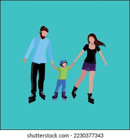 Happy family with children enjoy life. Young couple with son and daughter walking in the park, flat cartoon icon. Vector illustration 