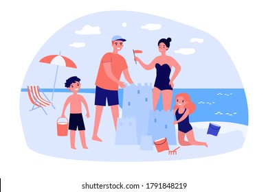 Happy family with children enjoying vacation on sea beach. Parents and kids building sand castle. Vector illustration for playing together, sandcastle, summer activities concept - Shutterstock ID 1791848219