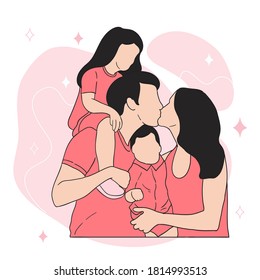 Happy family with children is hand drawn in vector.