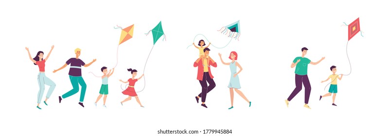 Happy family with children have fun with a kite. Parents and children fly a kite. Playing in the outdoor. A collection of vector flat cartoon illustrations isolated on a white background svg
