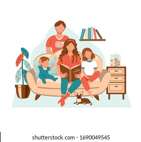 Happy family with children at home. People sitting on the sofa and mom reading book for kids. Family lifestyle concept. Cozy vector illustration drawing in flat style