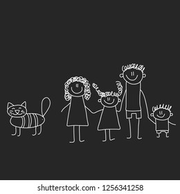 Happy family with children. Illustration on blackboard. Kindergarten illustration.