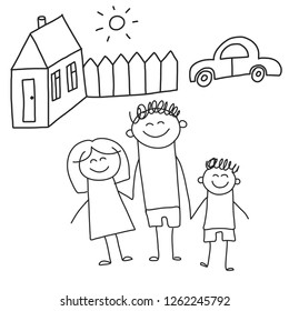 Happy family with children. Kids drawing style vector illustration. Mother, father, sister, brother.