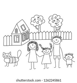 Happy family with children. Kids drawing style vector illustration. Mother, father, sister, brother.