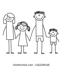 Happy family with children. Kids drawing style vector illustration. Mother, father, sister, brother.