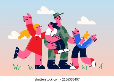 Happy family with children meet hug father come home from army. Smiling excited woman with kids embrace dad soldier return from war. Reunion and bonding. Vector illustration. 