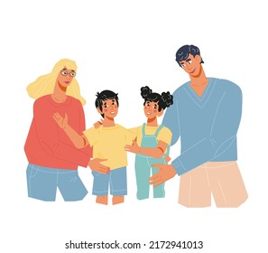 Happy family with children, mother father and kids standing together, flat vector illustration isolated on white background. Family relations and happiness concept.