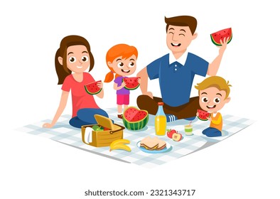 Eine glückliche Familie mit Kindern auf einem Picknick einzeln auf weißem Hintergrund. Cartoon Charaktere eines jungen Paares mit Kindern, die auf einer Decke sitzen und Wassermelonen auf einer Wochenendreise essen. Vektorgrafik