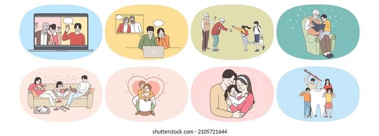 Happy family with children relax play on lockdown at home. Parents and kids talk communicate on video call on quarantine. Relative enjoy time together, show love and care. Vector illustration, set 