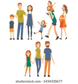 Happy Family with Children Set, Mothers, Fathers and Their Kids Spending Good Time Together Cartoon Vector Illustration