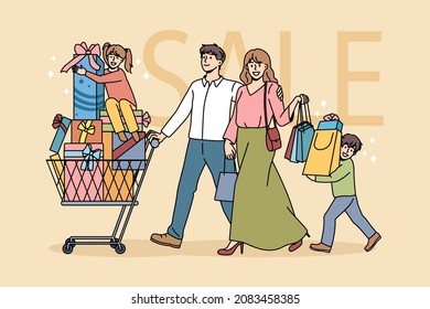 Happy family with children shopping together buying gifts for New Year in mall. Smiling parents and small kids purchase presents for Christmas winter holidays celebration. Flat vector illustration.