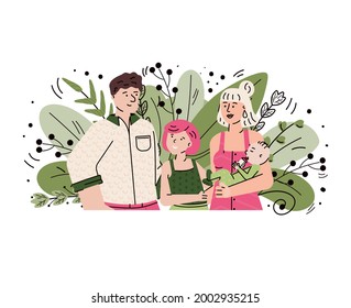 Happy family with children smiling - cartoon couple with baby boy and little girl standing on green foliage leaves background. Isolated vector illustration.