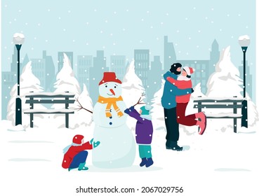 Familia feliz con niños en un parque nevado, muñeco de nieve, caminatas, recreación al aire libre en invierno. Ilustración vectorial.