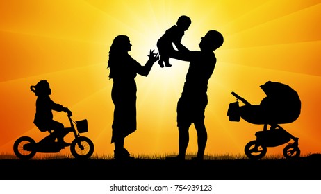 Happy family with children at sunset silhouette