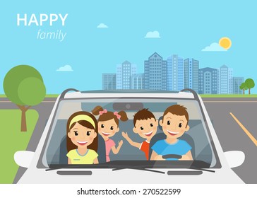 Happy family with children travelling by car