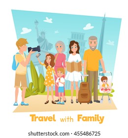 Happy family with children travelling and taking photos with famous sights cartoon vector illustration